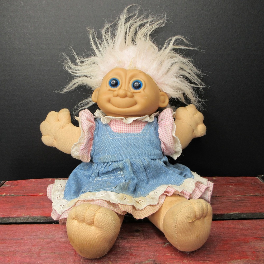 Vintage Russ Troll Doll Plush Body‎ Vinyl Head White Hair Blue Eyes Denim Dress